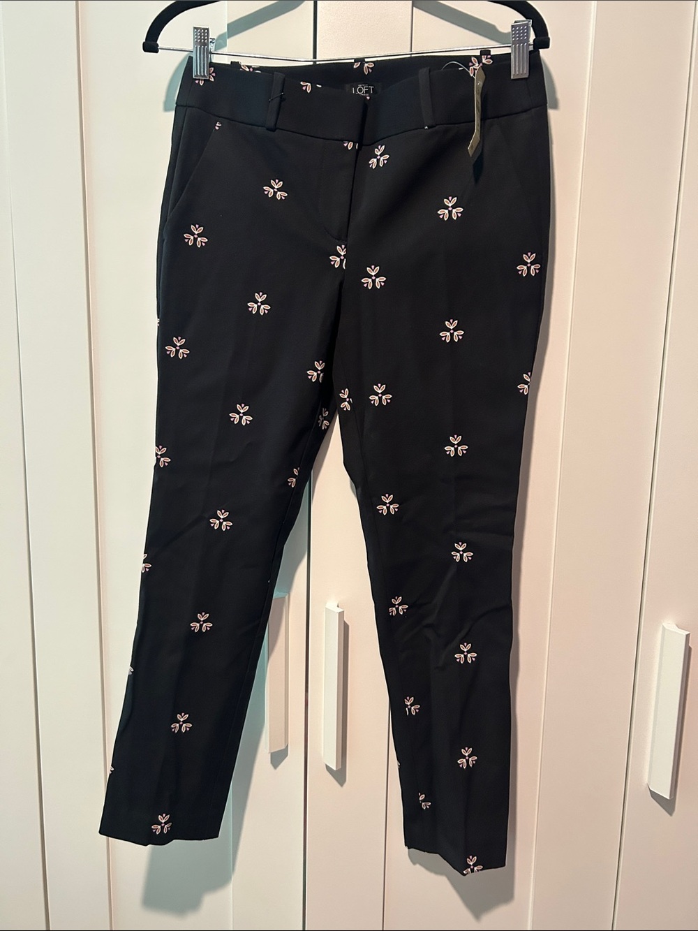LOFT Black Slim Ankle Pants with Pink Embroidered Accents